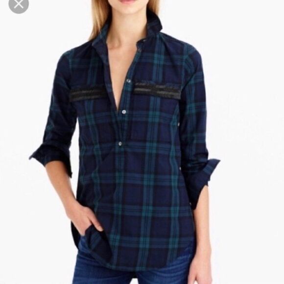 J. Crew Blue Green Tartan Plaid Beaded Pockets Popover Top Size 2 - Picture 1 of 10